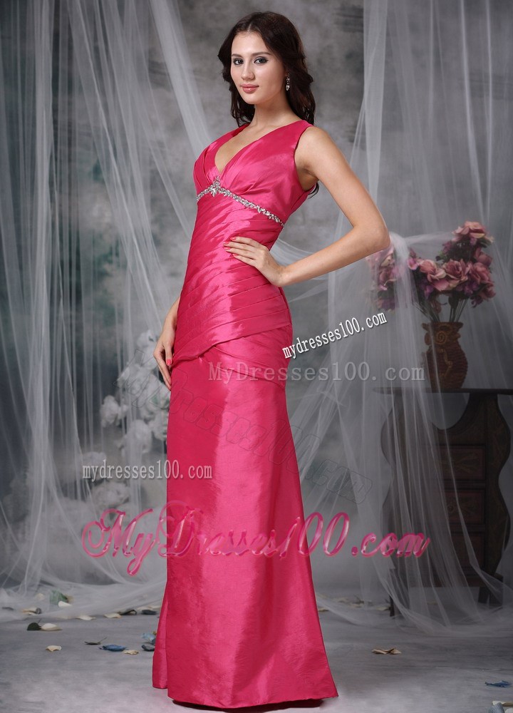 Coral Red Column V-neck Ankle-length Beading Prom Evening Dress