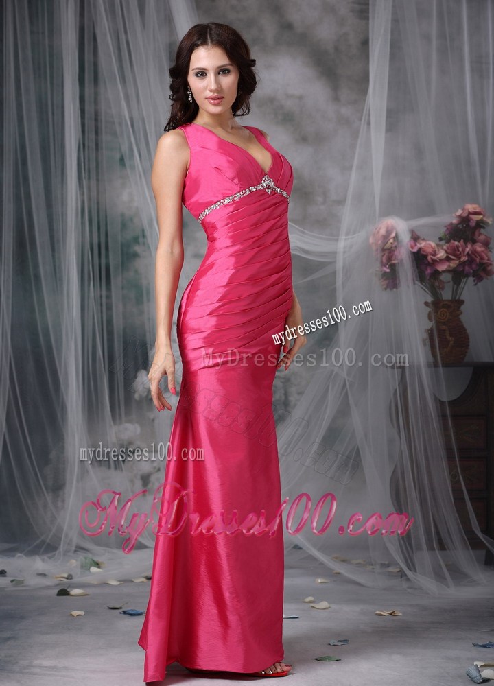 Coral Red Column V-neck Ankle-length Beading Prom Evening Dress