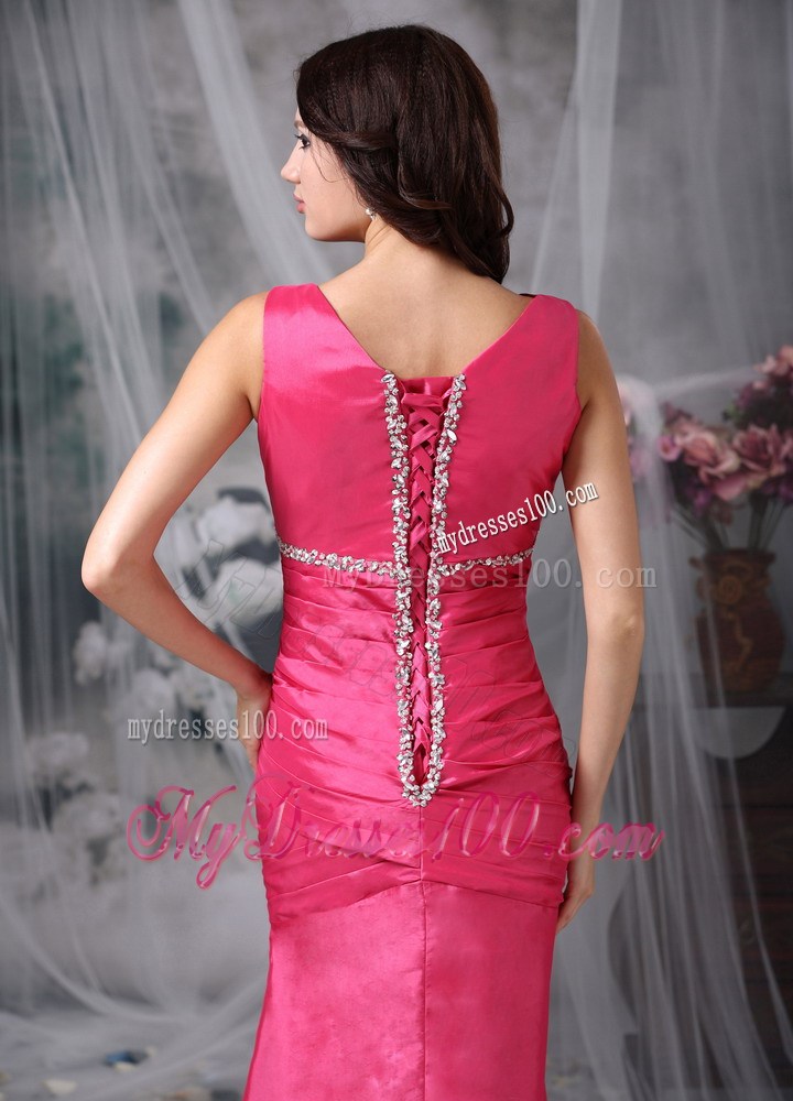 Coral Red Column V-neck Ankle-length Beading Prom Evening Dress
