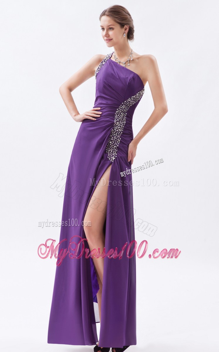 Purple Column One Shoulder Formal Evening Dress Beading Floor-length