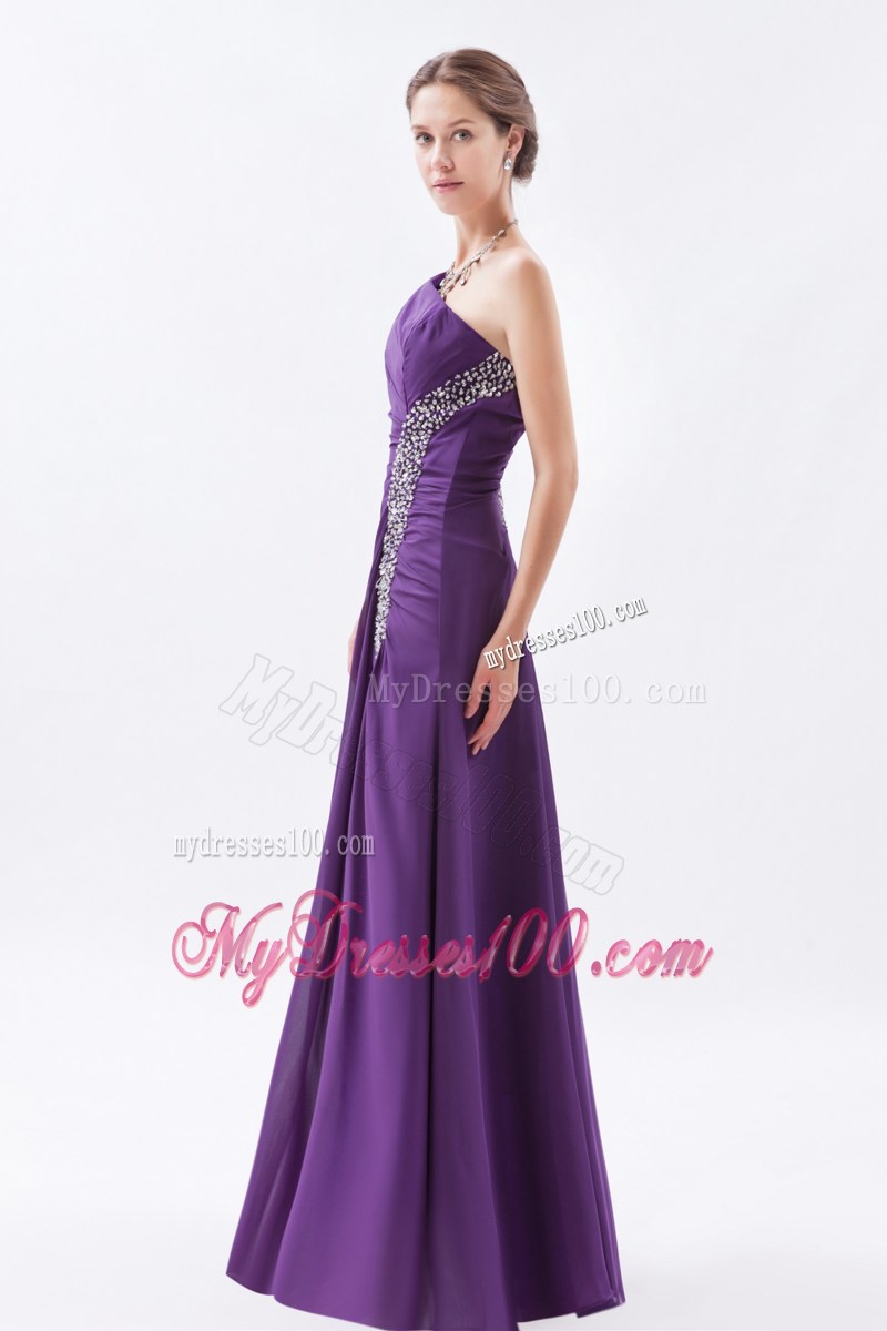 Purple Column One Shoulder Formal Evening Dress Beading Floor-length