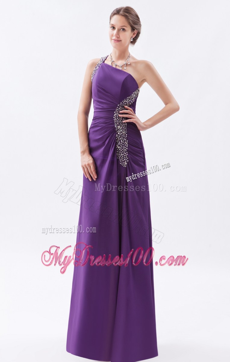 Purple Column One Shoulder Formal Evening Dress Beading Floor-length