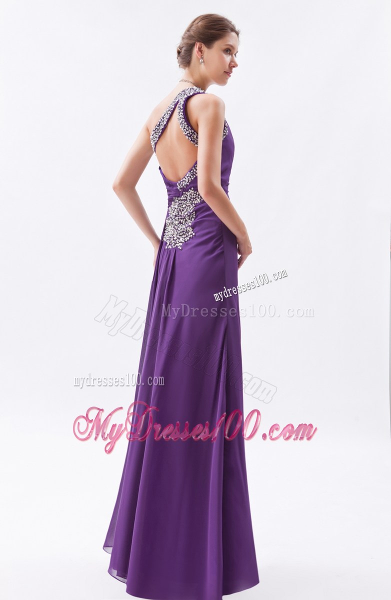 Purple Column One Shoulder Formal Evening Dress Beading Floor-length