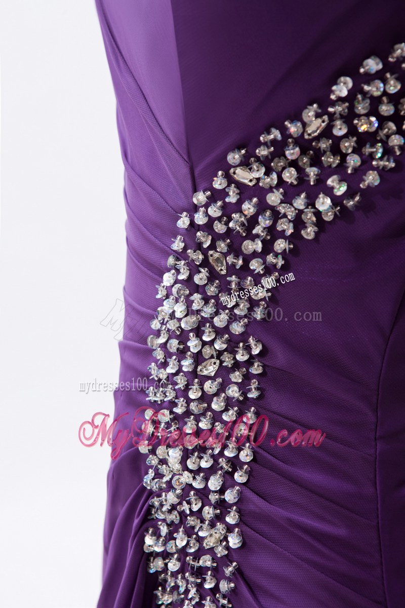Purple Column One Shoulder Formal Evening Dress Beading Floor-length