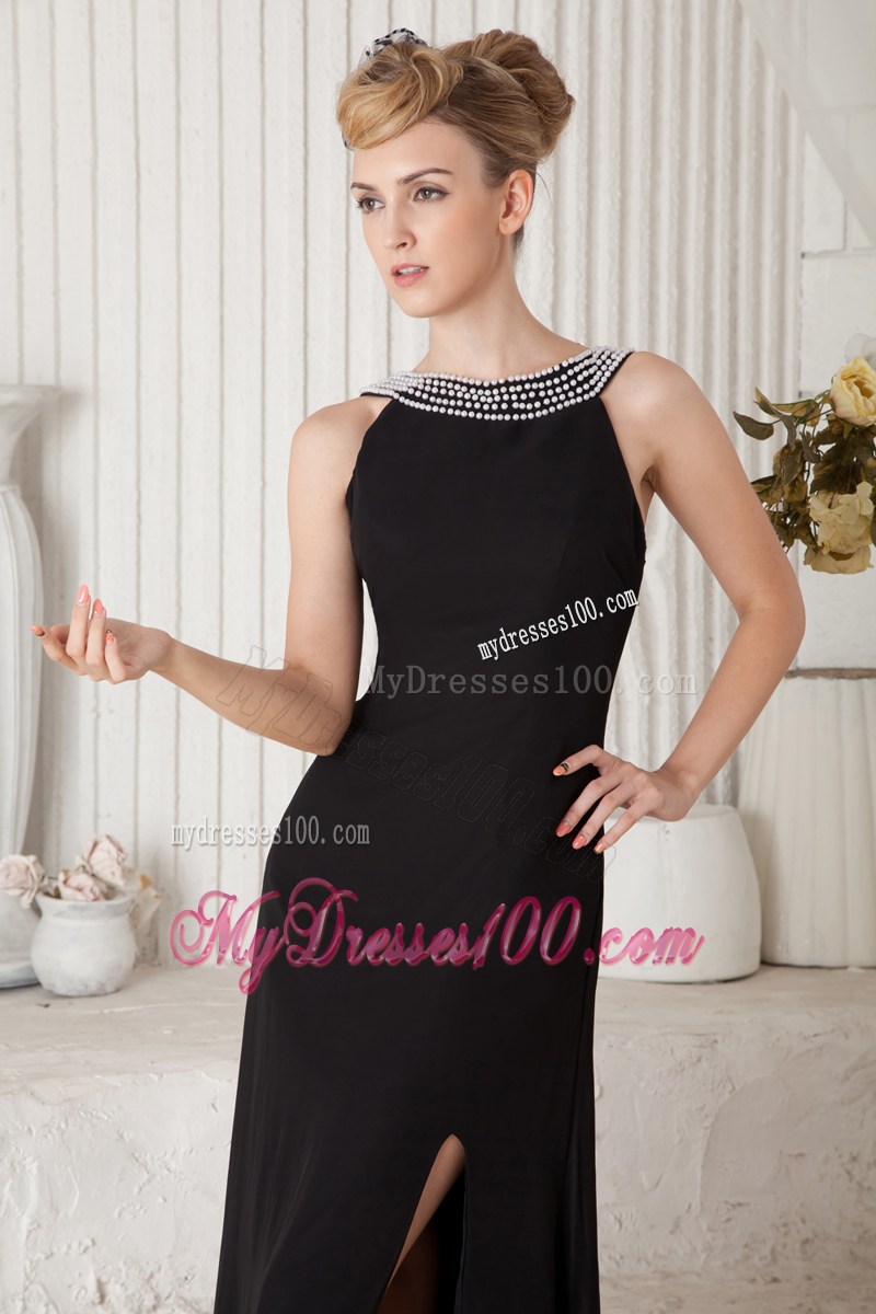 Black Coulmn Bateau Beading Little Black Dress Brush Train Chiffon