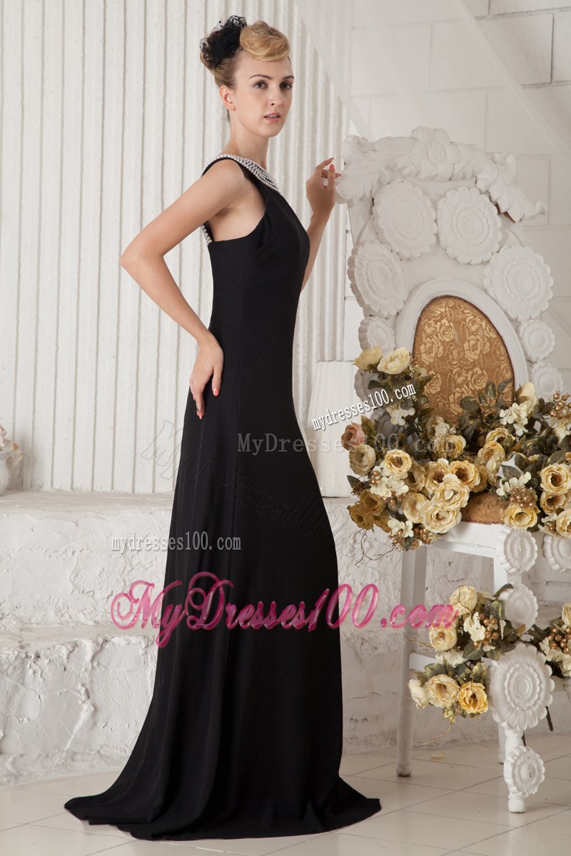 Black Coulmn Bateau Beading Little Black Dress Brush Train Chiffon