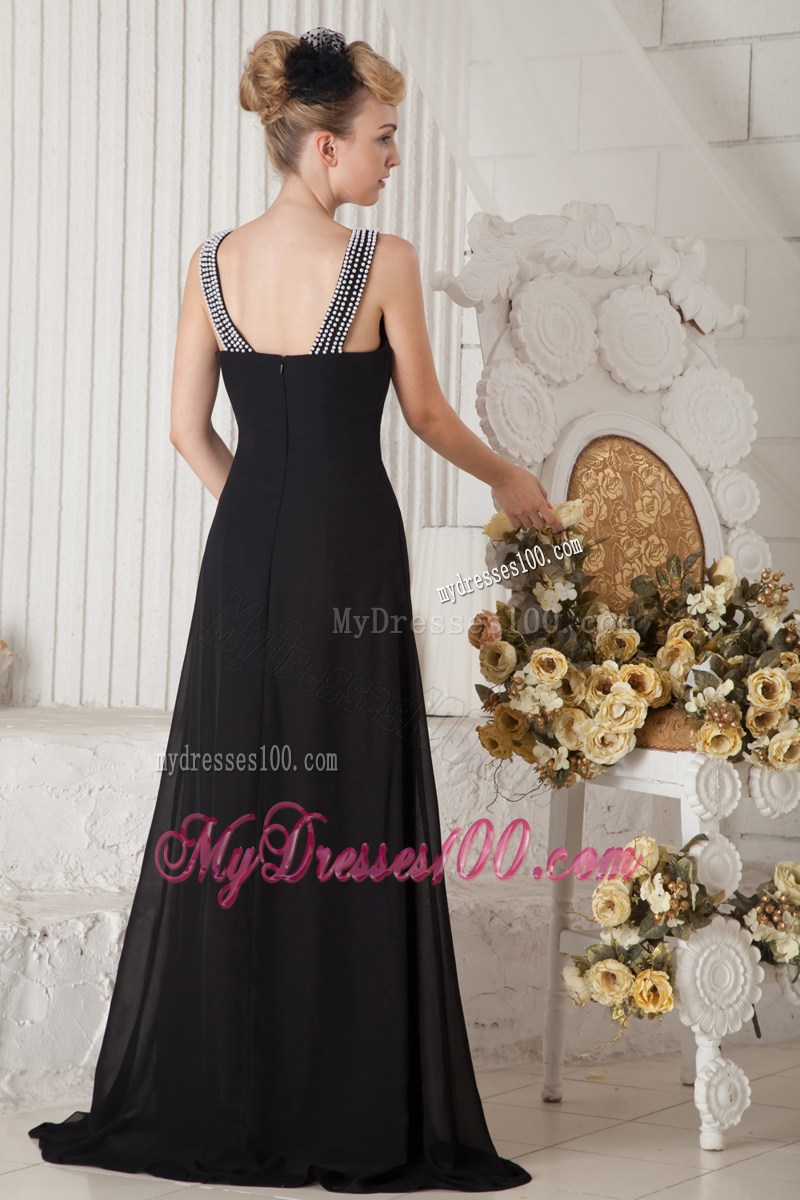 Black Coulmn Bateau Beading Little Black Dress Brush Train Chiffon