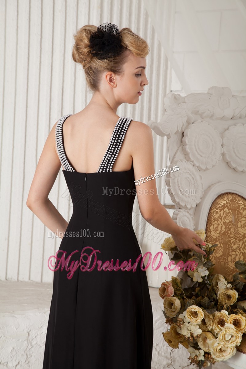 Black Coulmn Bateau Beading Little Black Dress Brush Train Chiffon
