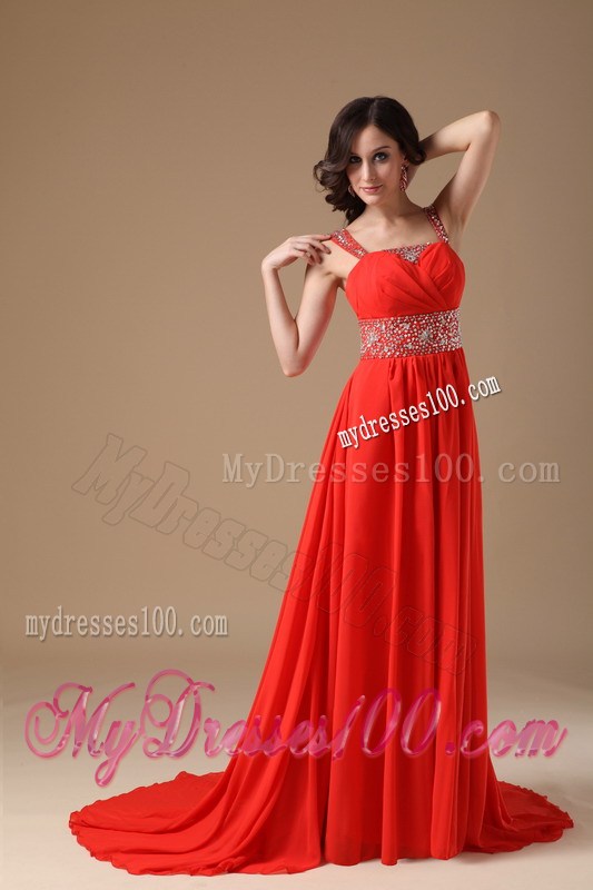 Gorgeous Straps Red Evening Dress with Beading Court Train