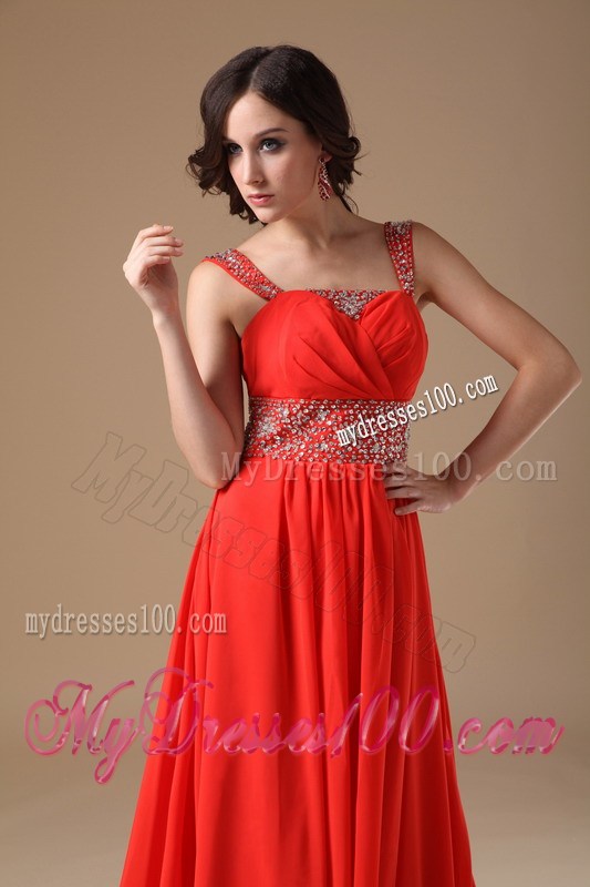 Gorgeous Straps Red Evening Dress with Beading Court Train