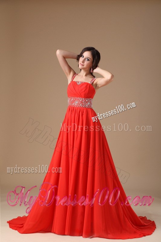 Gorgeous Straps Red Evening Dress with Beading Court Train