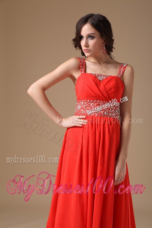 Gorgeous Straps Red Evening Dress with Beading Court Train