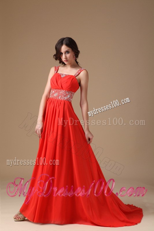 Gorgeous Straps Red Evening Dress with Beading Court Train