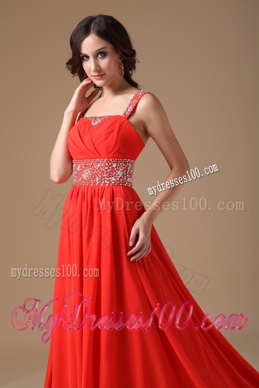 Gorgeous Straps Red Evening Dress with Beading Court Train