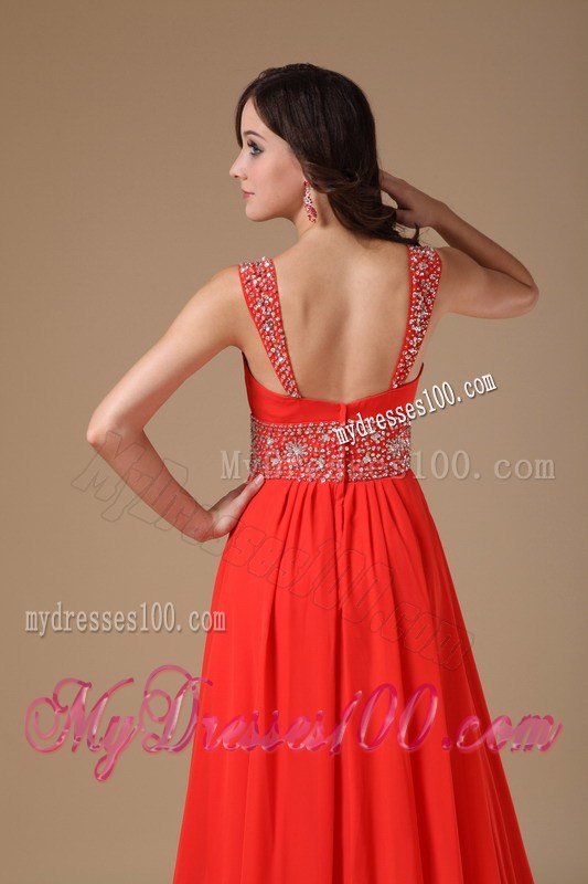 Gorgeous Straps Red Evening Dress with Beading Court Train