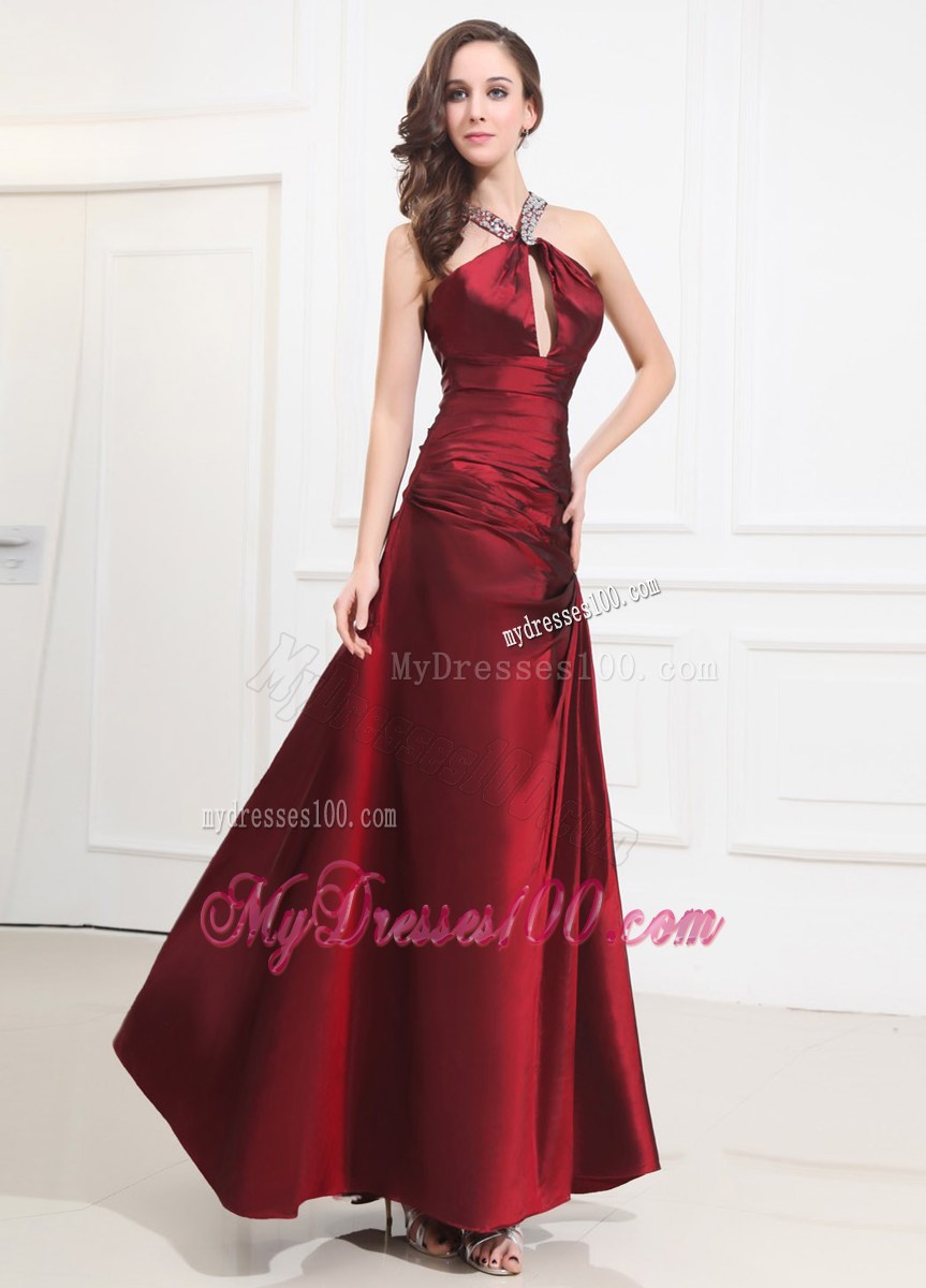 Beading Taffeta Prom Dress Halter A-Line Wine Red Floor-length