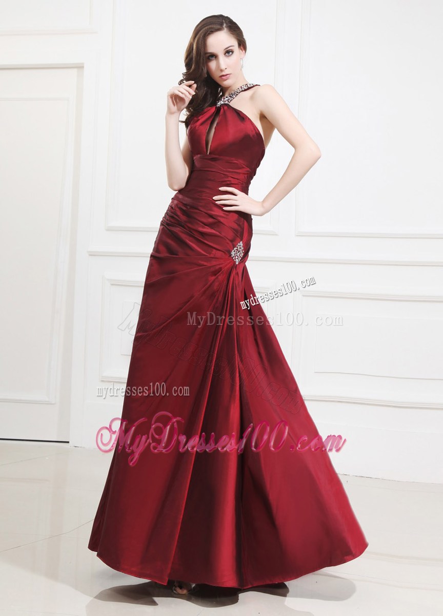 Beading Taffeta Prom Dress Halter A-Line Wine Red Floor-length