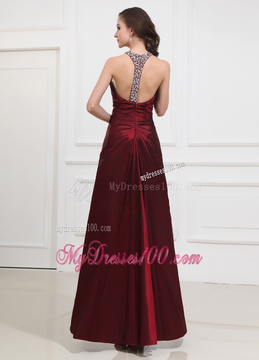 Beading Taffeta Prom Dress Halter A-Line Wine Red Floor-length