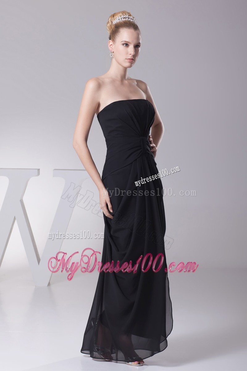 Black Column Strapless Ruching Prom Dress
