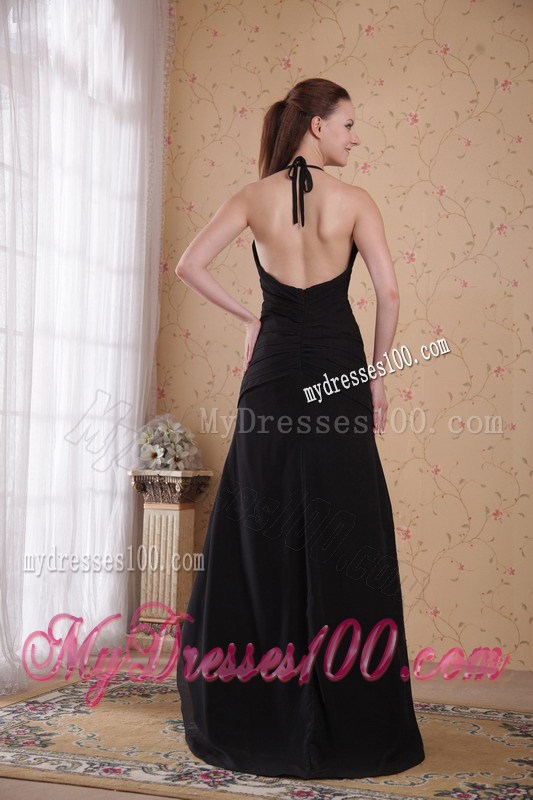 Black Column Sheath Halter Brush Ruched Formal Evening Dress for Girl