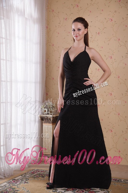 Black Column Sheath Halter Brush Ruched Formal Evening Dress for Girl