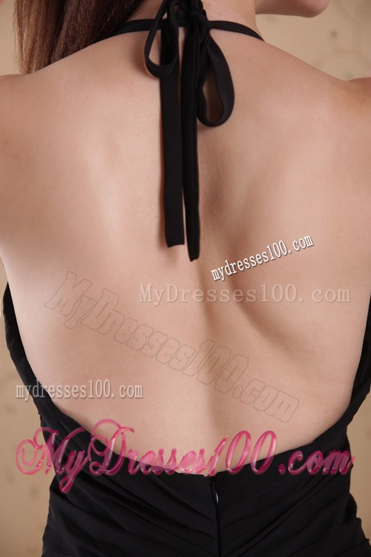 Black Column Sheath Halter Brush Ruched Formal Evening Dress for Girl