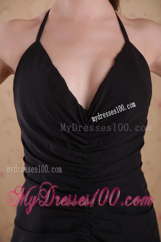 Black Column Sheath Halter Brush Ruched Formal Evening Dress for Girl
