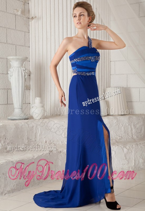Blue Column One Shoulder Brush Train Beading Formal Evening Dresses