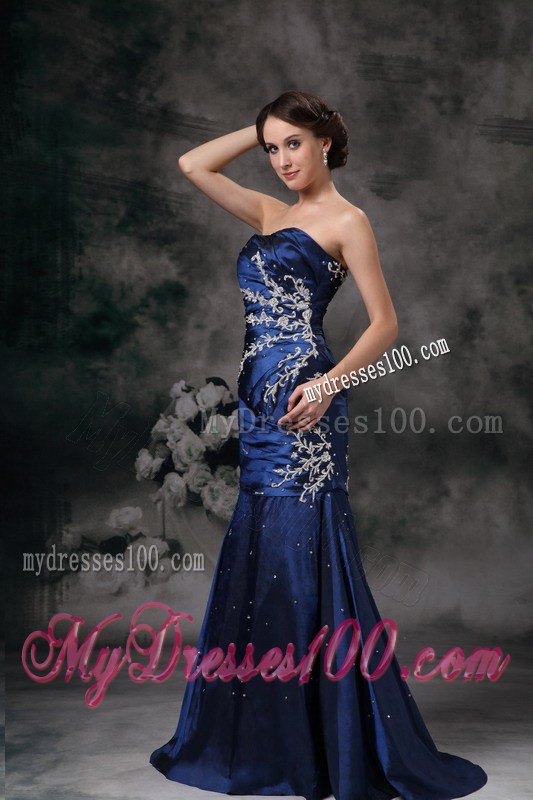 Exclusive Royal Blue Mermaid Strapless Evening Dress Appliques