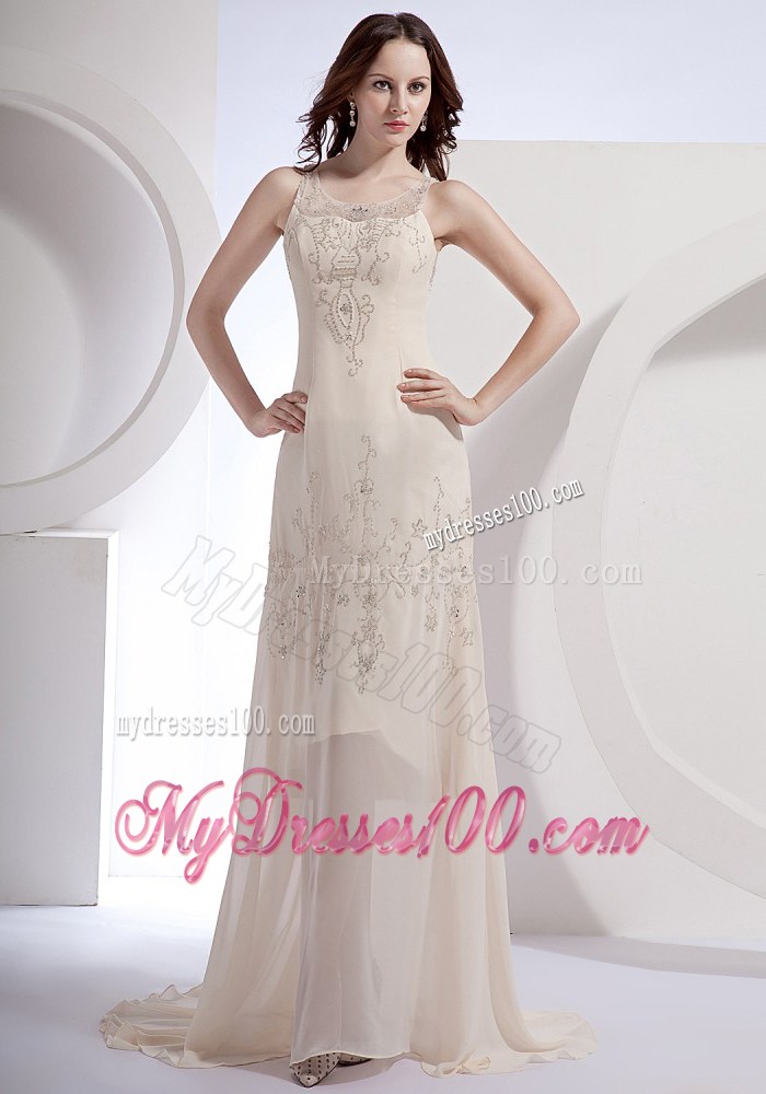 Champagne Beading Scoop Brush Train 2013 Foraml Evening Dresses