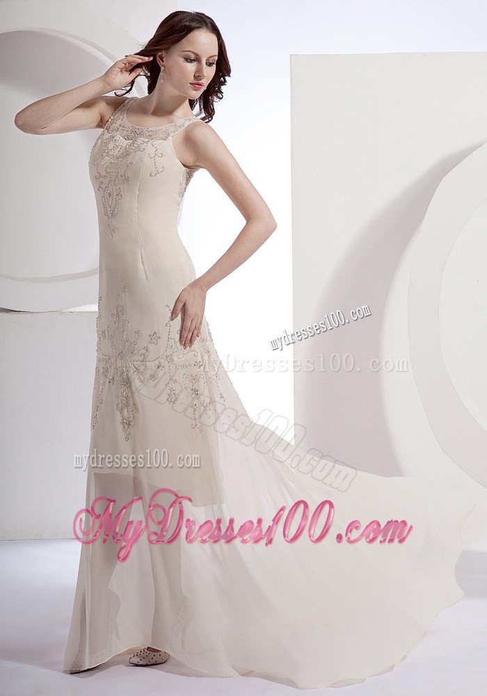 Champagne Beading Scoop Brush Train 2013 Foraml Evening Dresses