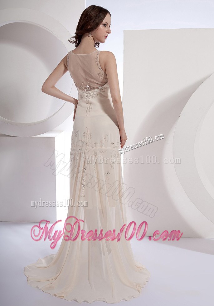 Champagne Beading Scoop Brush Train 2013 Foraml Evening Dresses