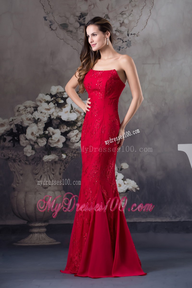 Cheap Appliques Mermaid Strapless long Red 2013 Prom Dress