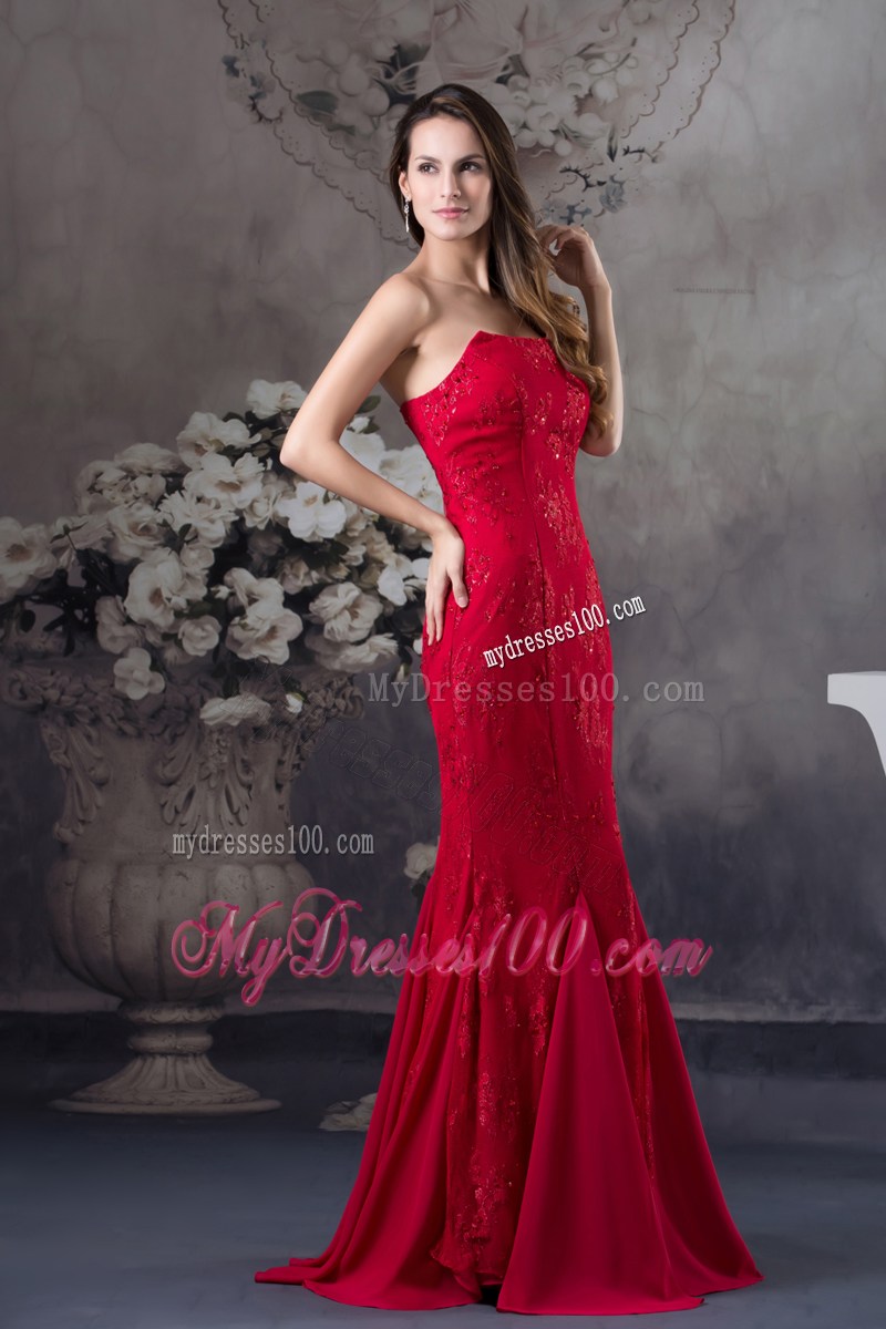 Cheap Appliques Mermaid Strapless long Red 2013 Prom Dress