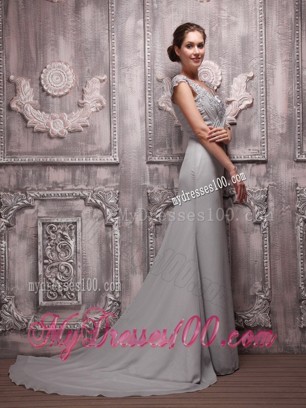 Gray Empire V-neck Brush Train Beading Prom Evening Dress for Women