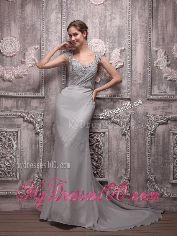 Gray Empire V-neck Brush Train Beading Prom Evening Dress for Women