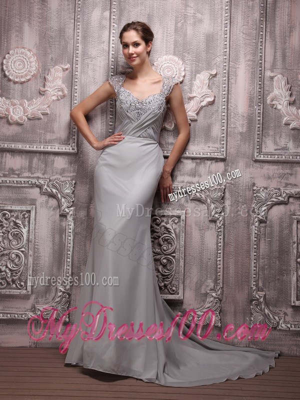Gray Empire V-neck Brush Train Beading Prom Evening Dress for Women