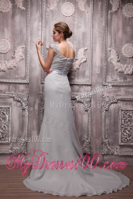 Gray Empire V-neck Brush Train Beading Prom Evening Dress for Women