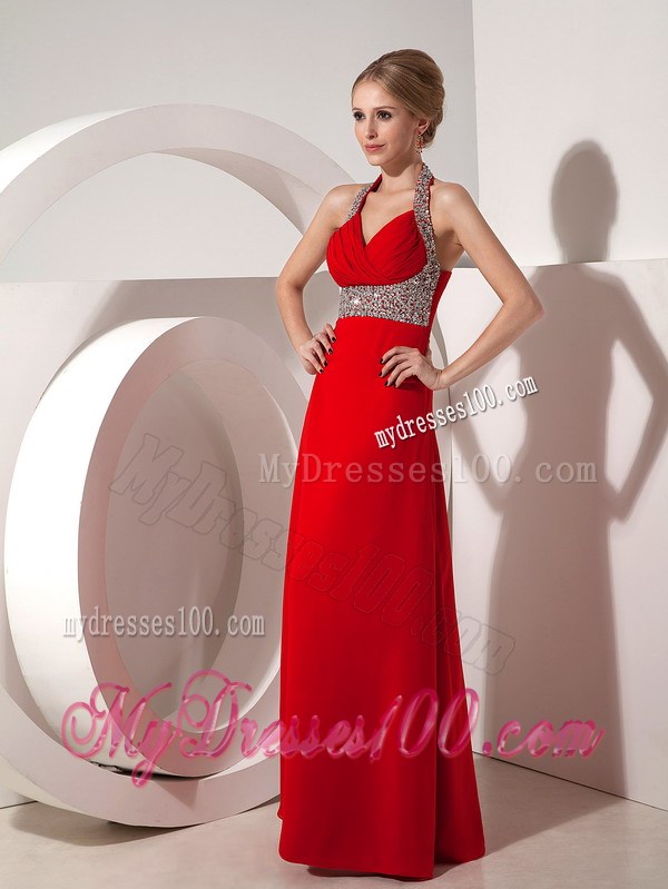 Beautiful Wine Red Column Halter top Prom Dress with Beading