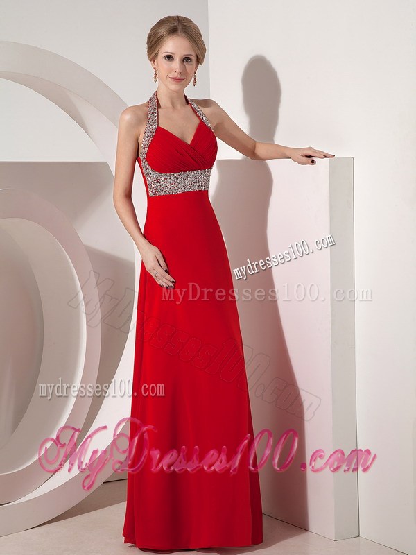 Beautiful Wine Red Column Halter top Prom Dress with Beading