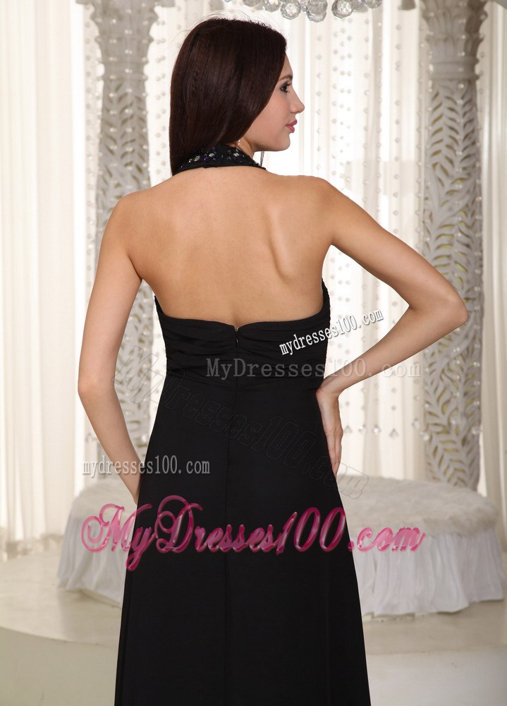 Cheap Black Column Halter Floor-length Beading Formal Evening Dress
