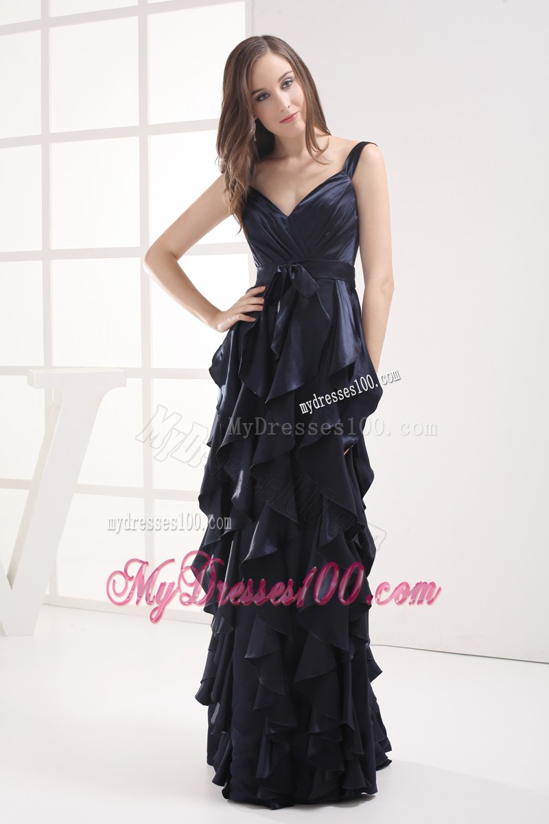 Column Navy Blue V-neck Ruffled Layers Ruching Prom Dress