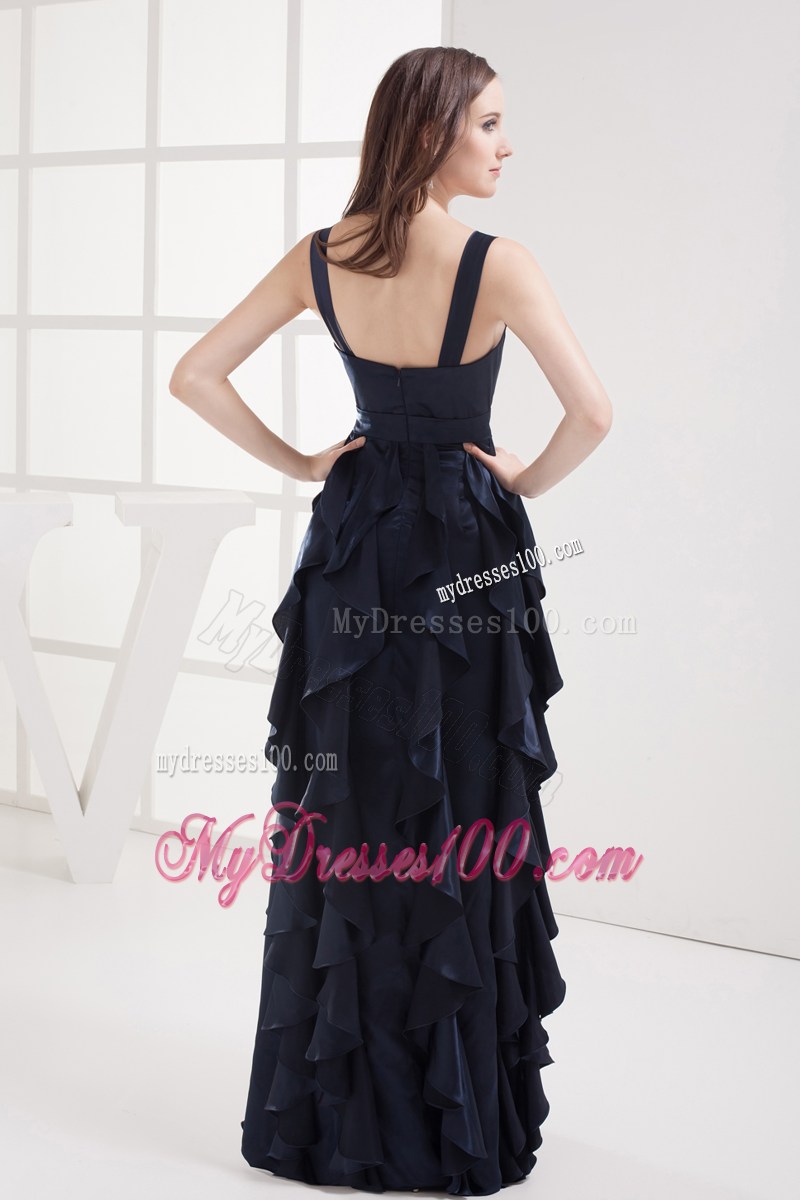 Column Navy Blue V-neck Ruffled Layers Ruching Prom Dress