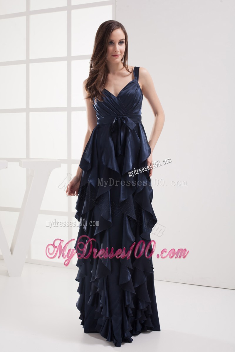 Column Navy Blue V-neck Ruffled Layers Ruching Prom Dress