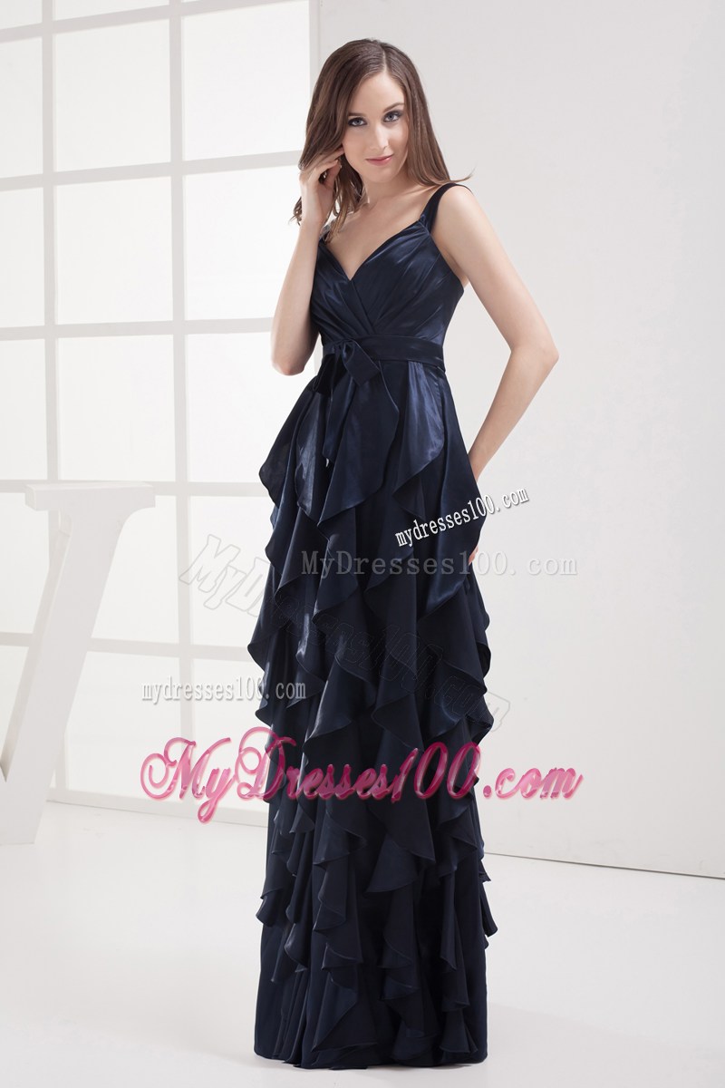 Column Navy Blue V-neck Ruffled Layers Ruching Prom Dress