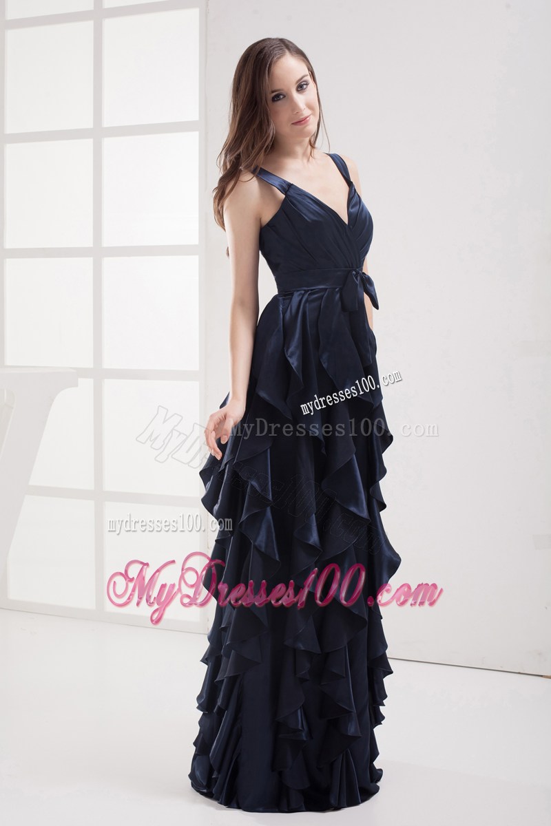 Column Navy Blue V-neck Ruffled Layers Ruching Prom Dress