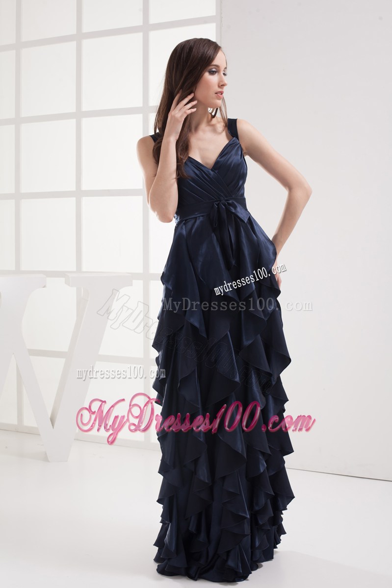 Column Navy Blue V-neck Ruffled Layers Ruching Prom Dress