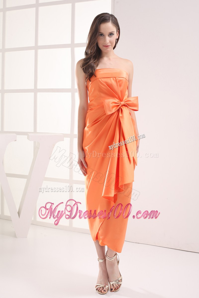 Column Orange Strapless Bow Satin Ruching Bridesmaid Dress