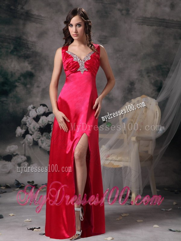 Sexy Coral Red Evening Dress Column V-neck Beading and Ruched
