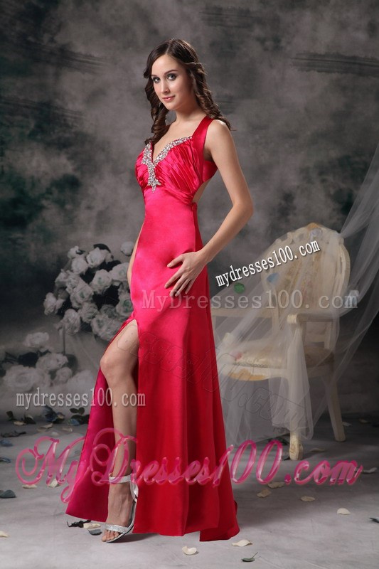 Sexy Coral Red Evening Dress Column V-neck Beading and Ruched